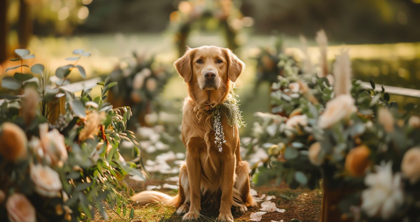 A golden retriever sits among flower arrangements in a sunny garden setting.